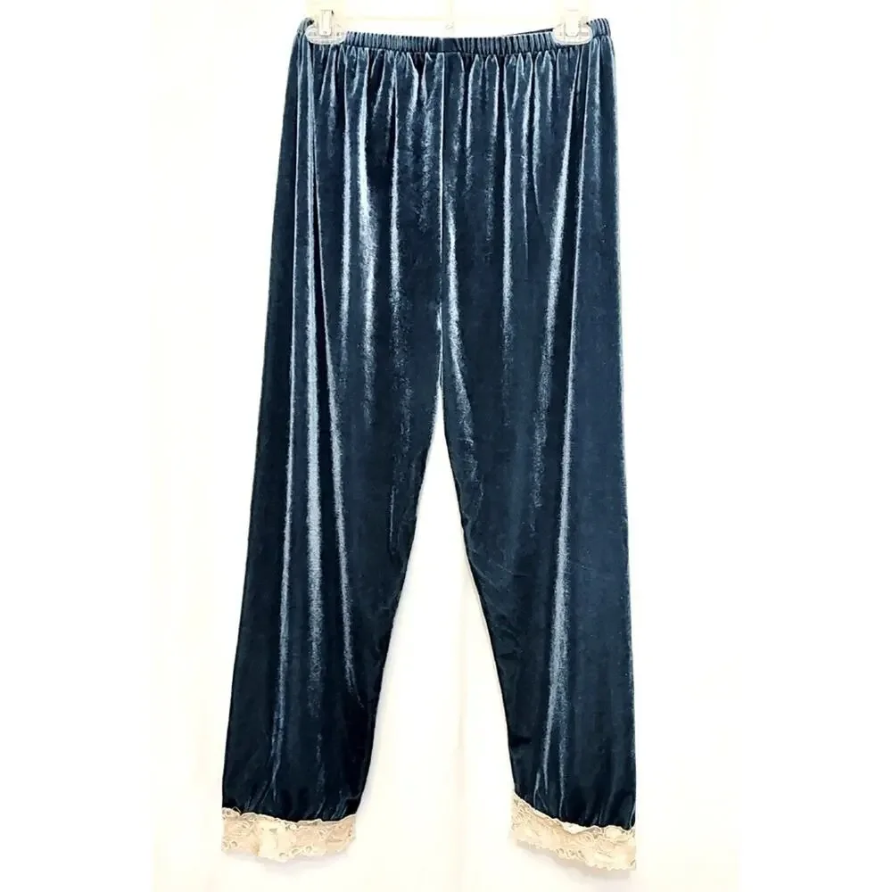 Turquoise Teal Blue Velour Velvet Straight Lace Trim Elastic Pajama Pants 2XL